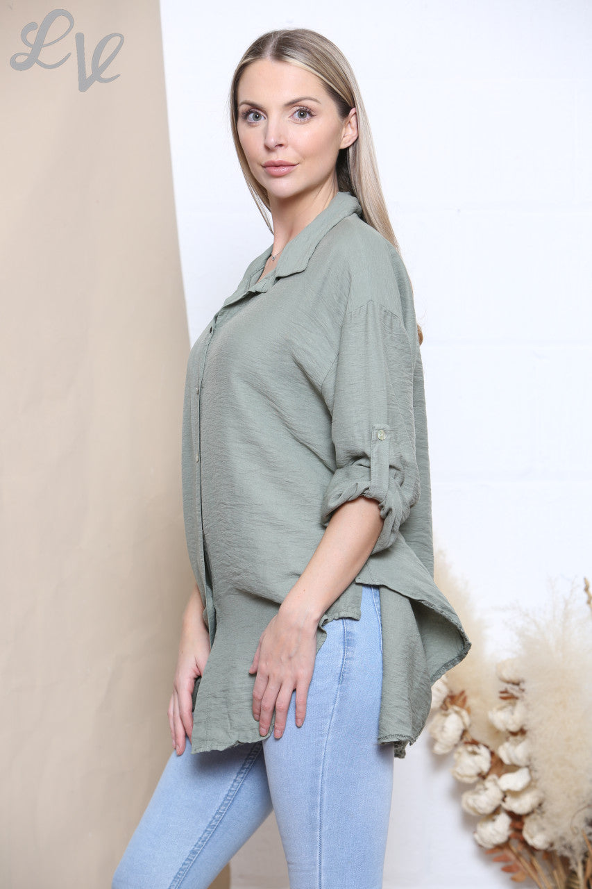Dames effen overhemd met knoopsluiting khaki