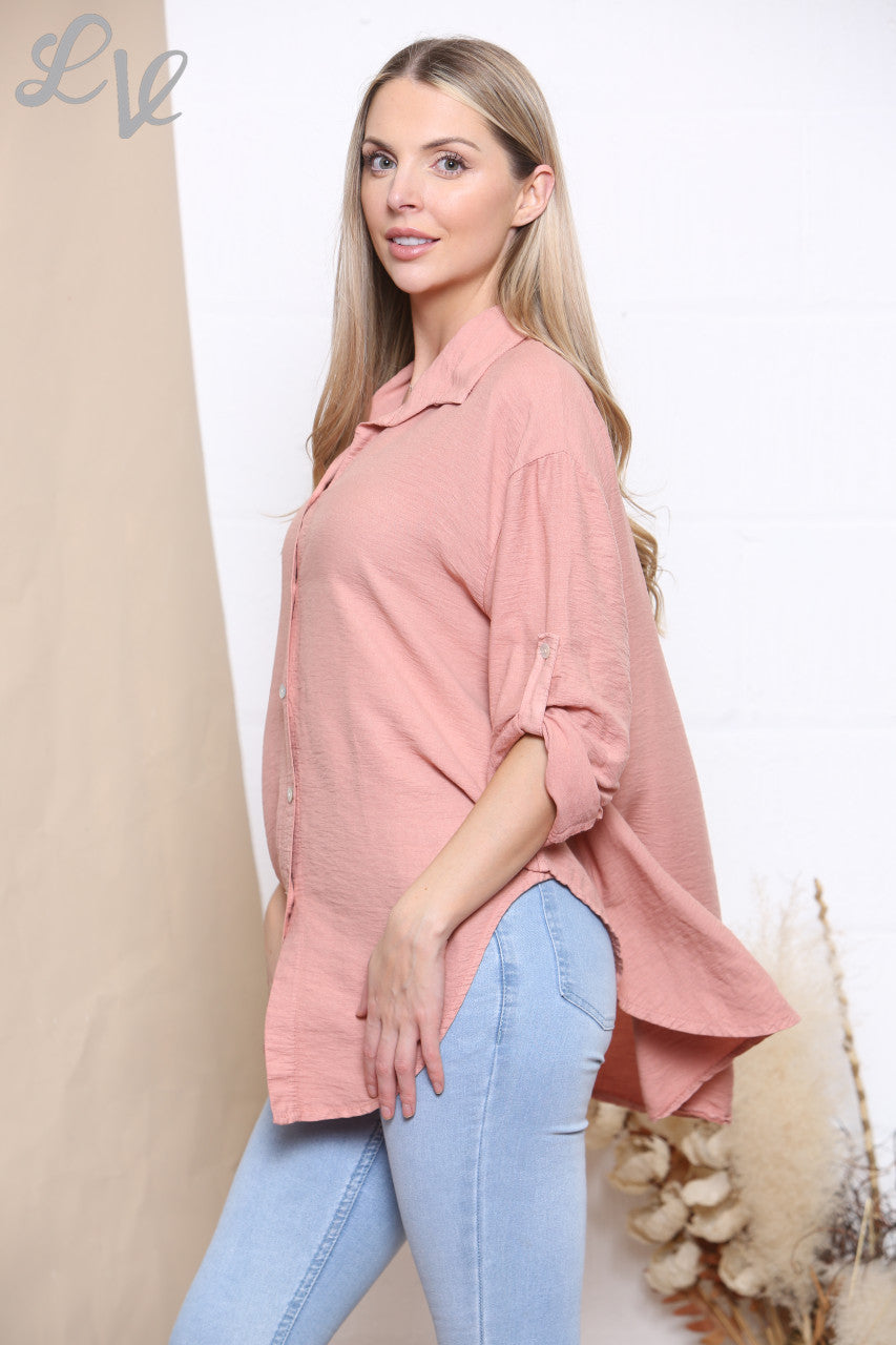 Ladies Plain Button Front Shirt Top Dusty Pink