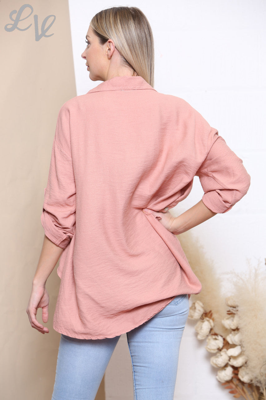 Ladies Plain Button Front Shirt Top Dusty Pink