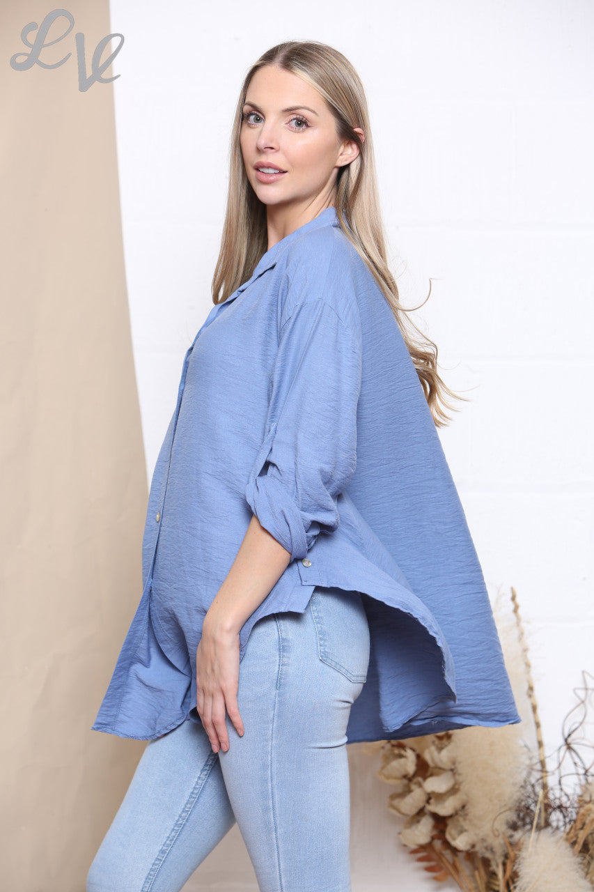 Ladies Plain Button Front Shirt Top Denim