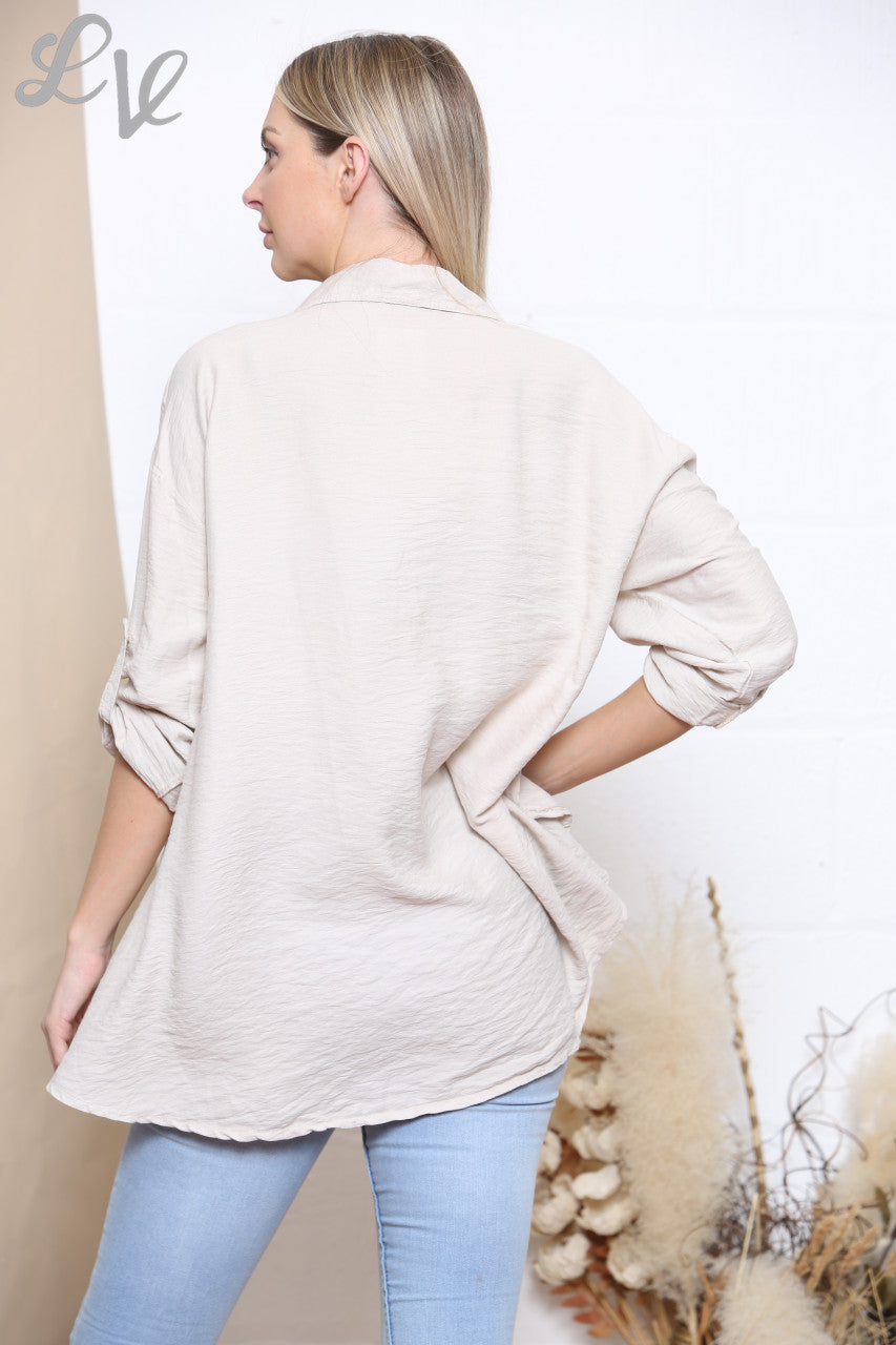 Ladies Plain Button Front Shirt Top Stone