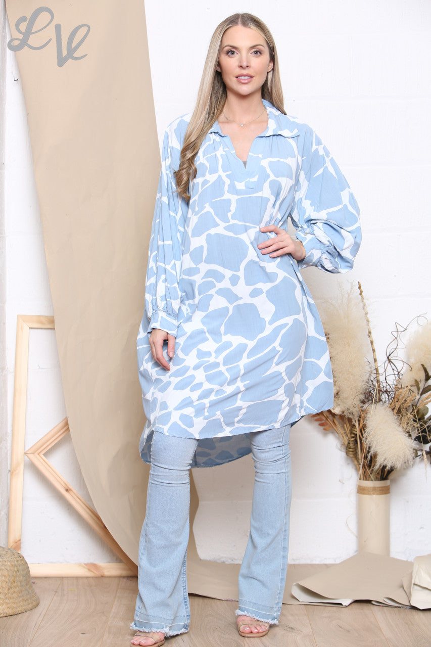 Ladies Giraffe Print Shirt Dress Top Sky Blue