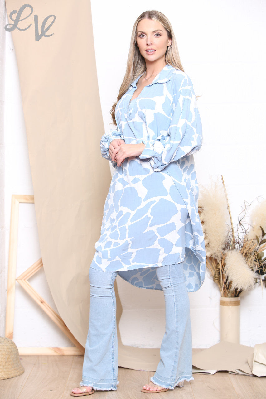 Ladies Giraffe Print Shirt Dress Top Sky Blue