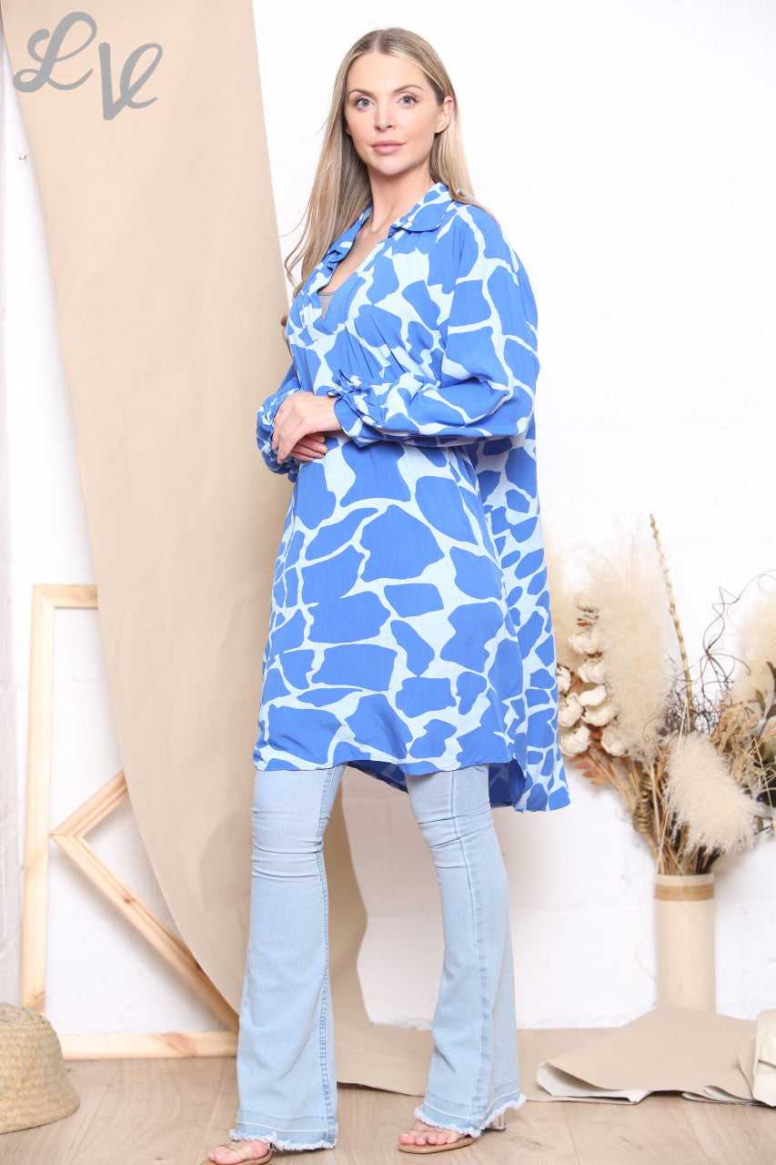 Ladies Giraffe Print Shirt Dress Top Royal Blue