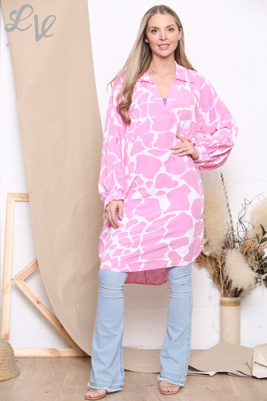 Ladies Giraffe Print Shirt Dress Top Pink