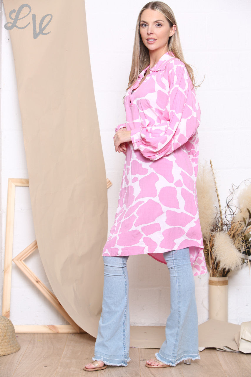 Ladies Giraffe Print Shirt Dress Top Pink