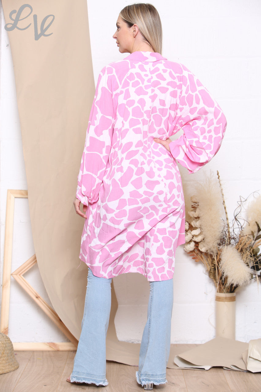 Ladies Giraffe Print Shirt Dress Top Pink