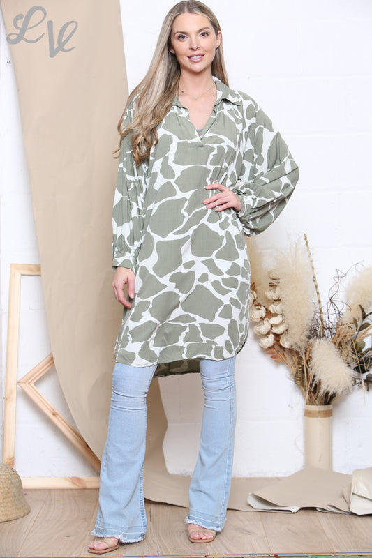Dames Jurk/Blouse met Giraffenprint Khaki