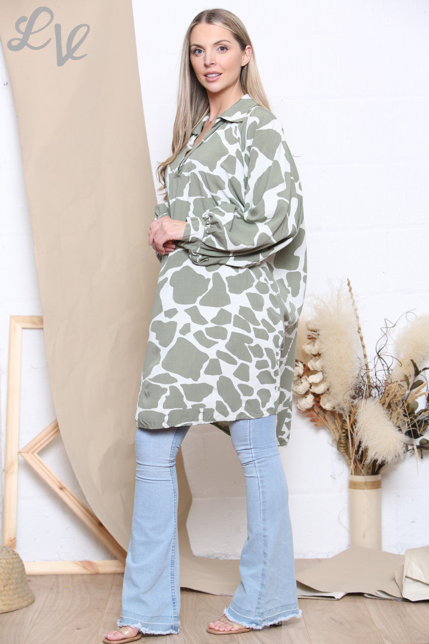 Ladies Giraffe Print Shirt Dress Top Khaki