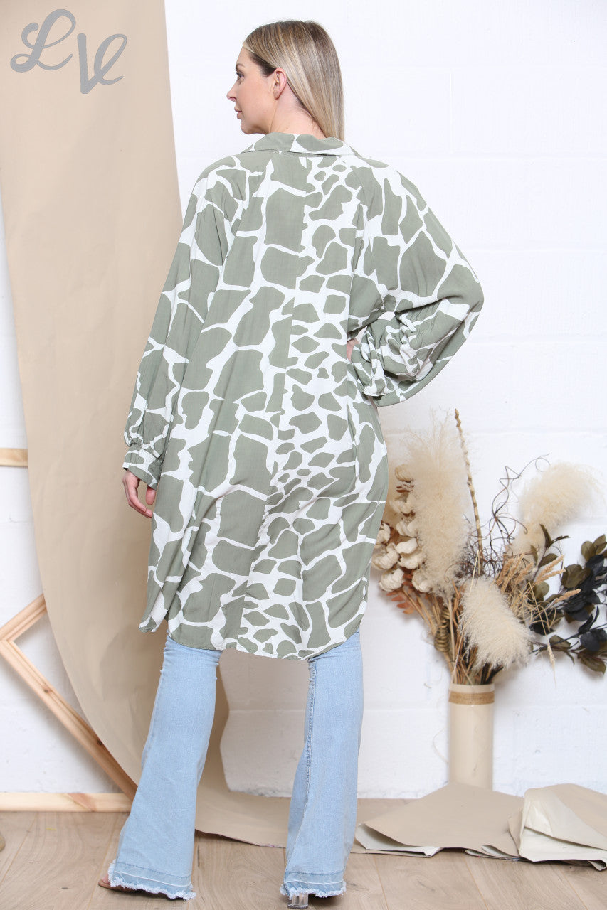 Ladies Giraffe Print Shirt Dress Top Khaki