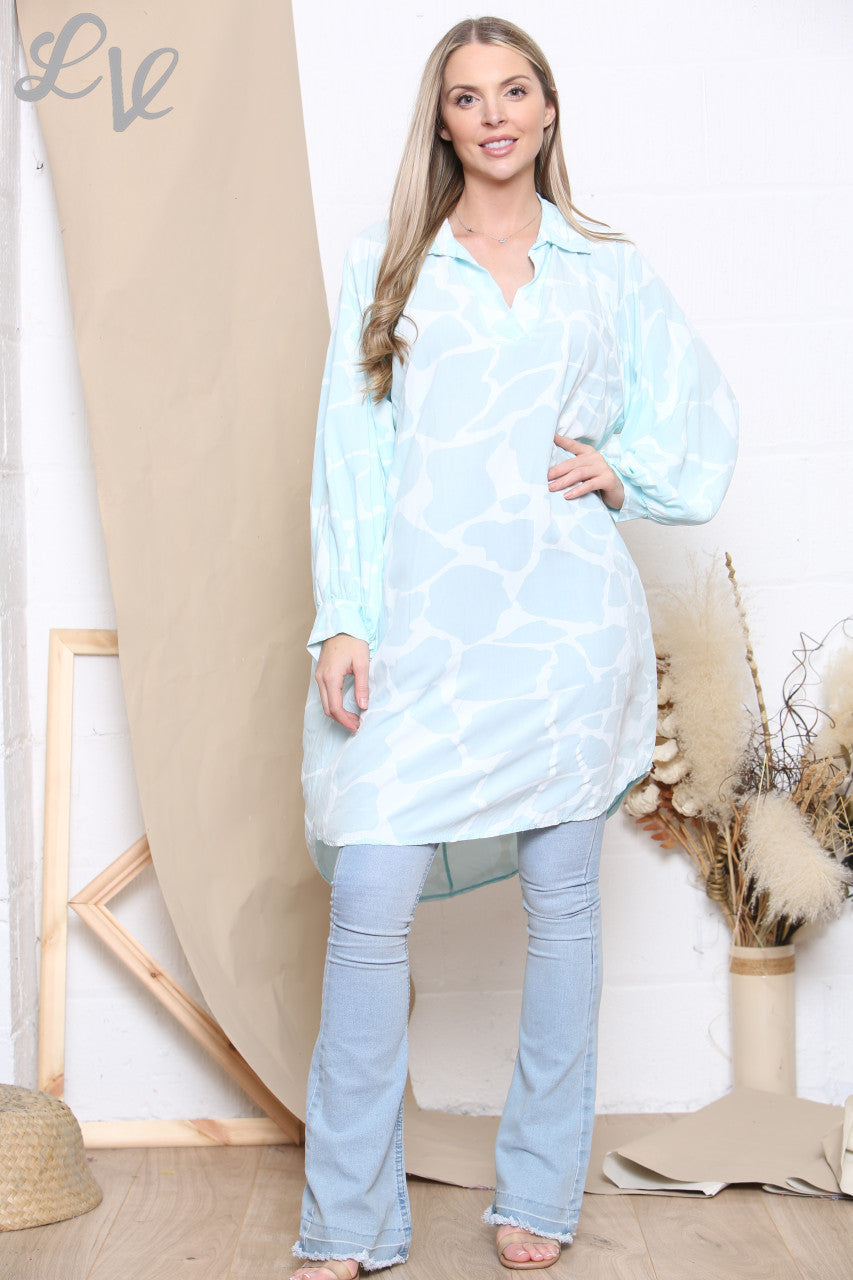 Ladies Giraffe Print Shirt Dress Top Mint