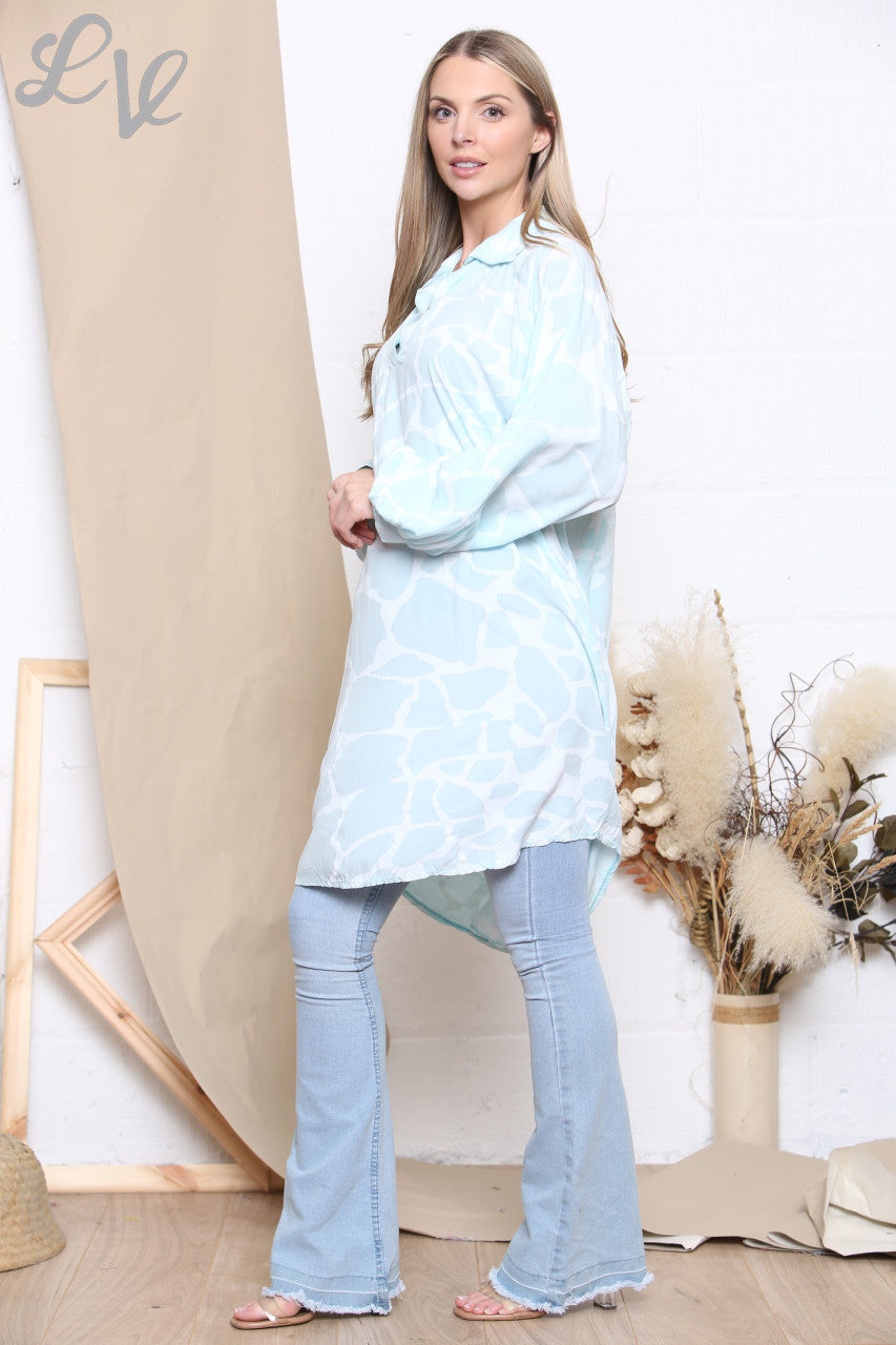 Ladies Giraffe Print Shirt Dress Top Mint