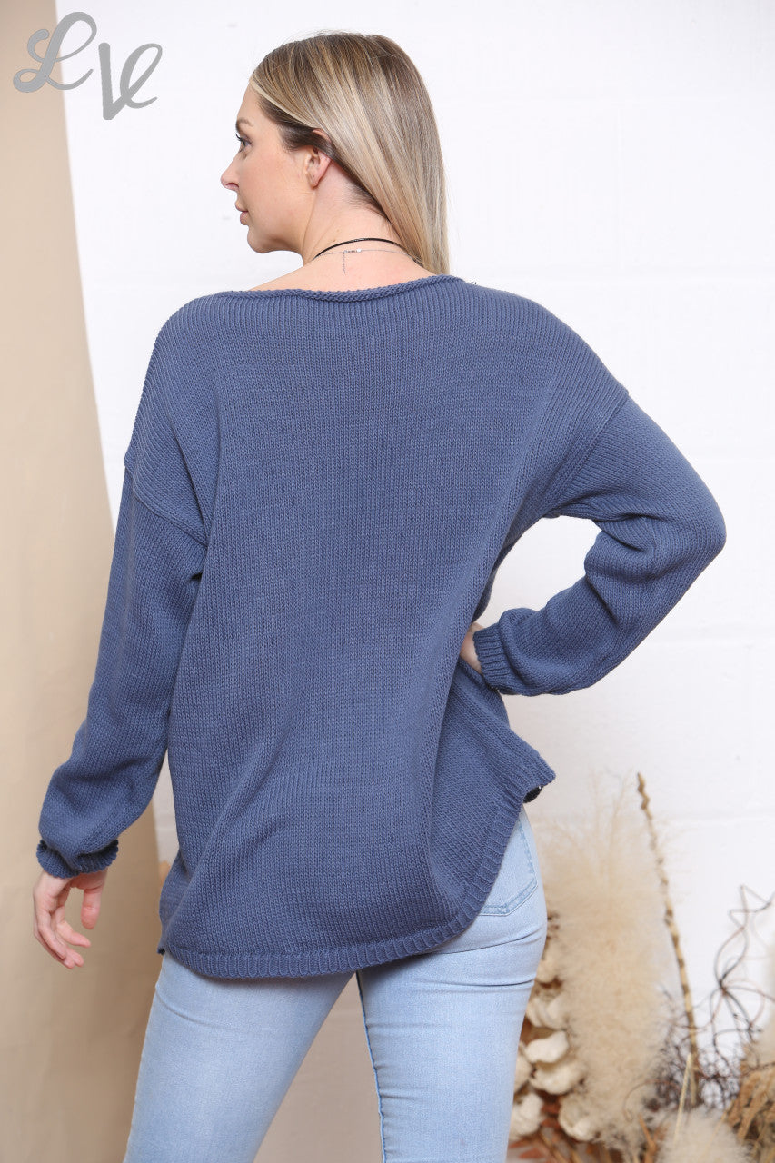 Ladies Knitted Plain Jumper Denim