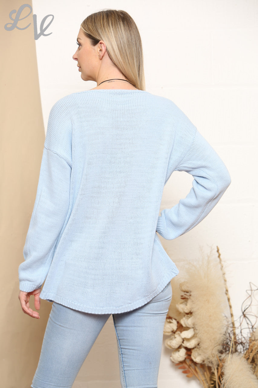 Ladies Knitted Plain Jumper Light Blue