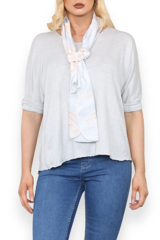 PLAIN FINE KNIT TOP WITH PRINTED SILKY SCARF SILVER GREY