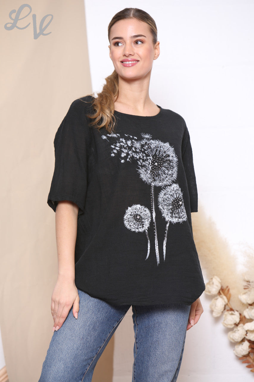 Ladies Dandelion Flower Top Black