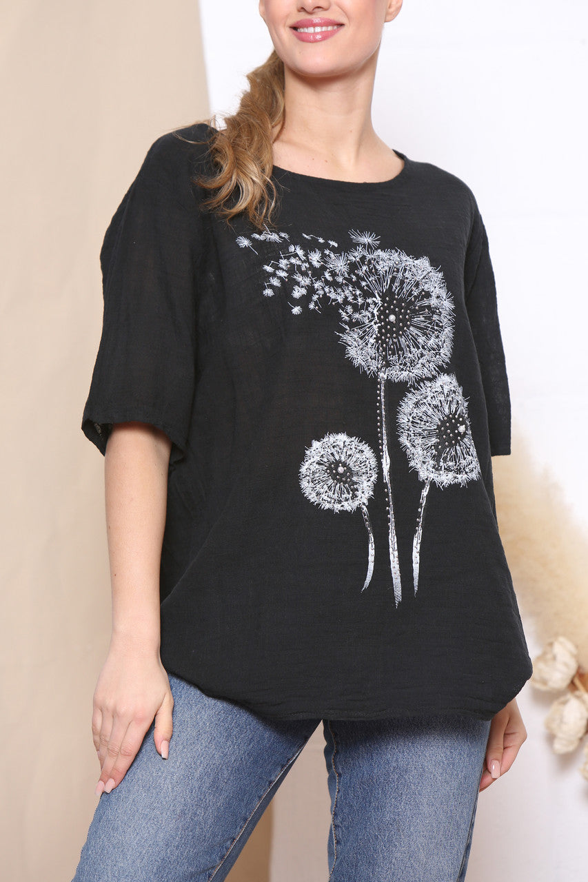 Ladies Dandelion Flower Top Black