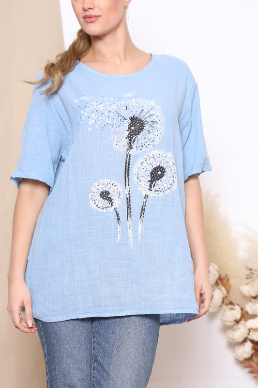 Ladies Dandelion Flower Top Light Blue