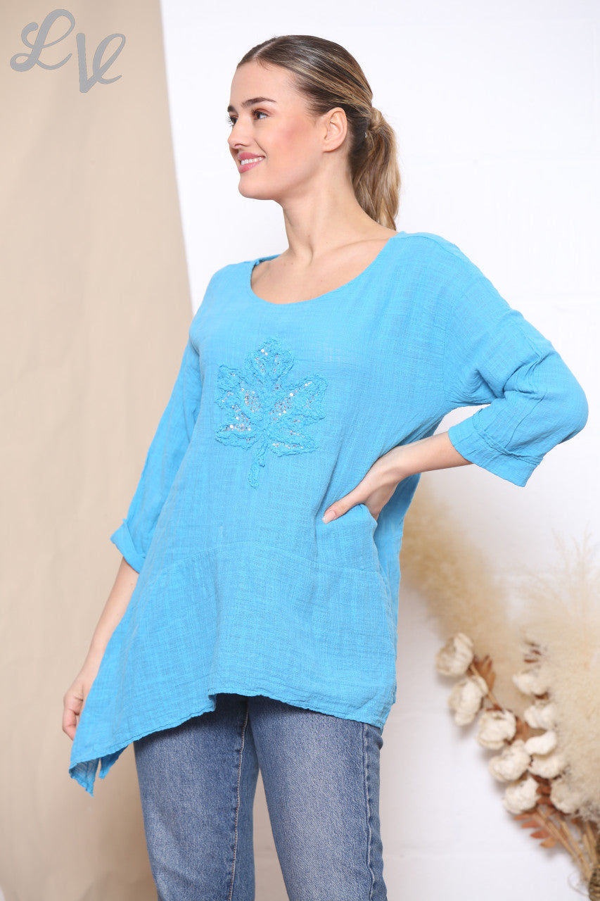 Ladies Sequin Ruffle Leaf Print Top Turquoise
