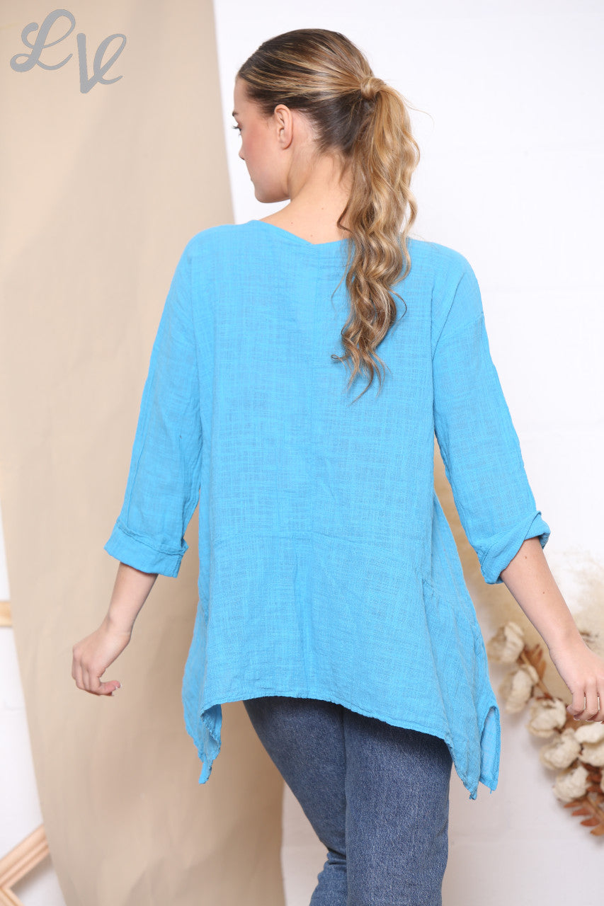 Ladies Sequin Ruffle Leaf Print Top Turquoise