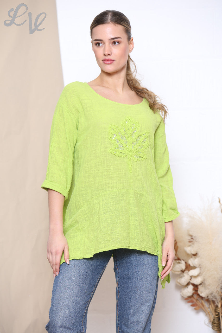 Ladies Sequin Ruffle Leaf Print Top Lime