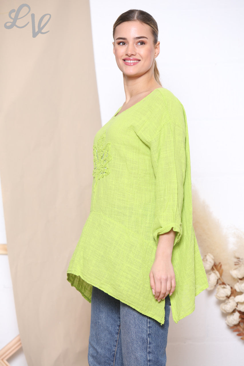 Ladies Sequin Ruffle Leaf Print Top Lime