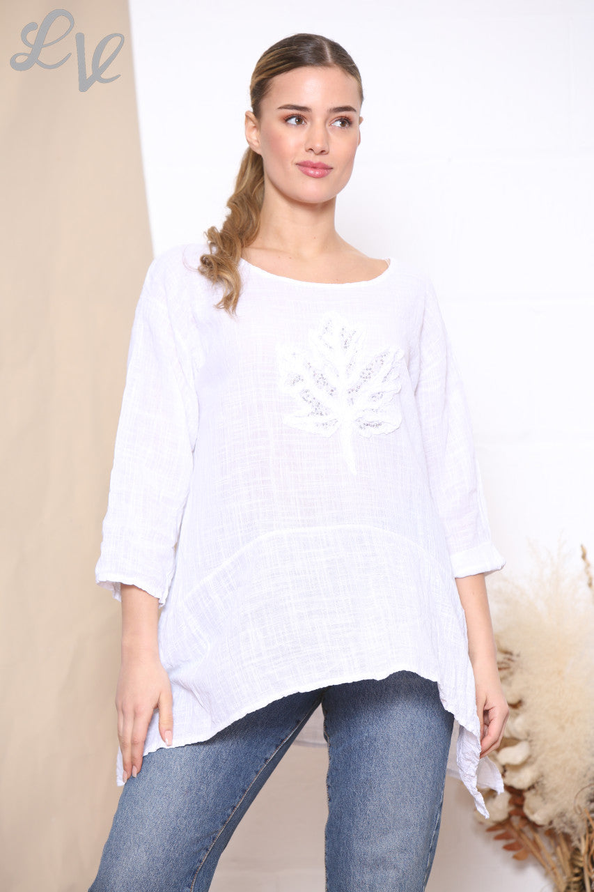Ladies Sequin Ruffle Leaf Print Top White