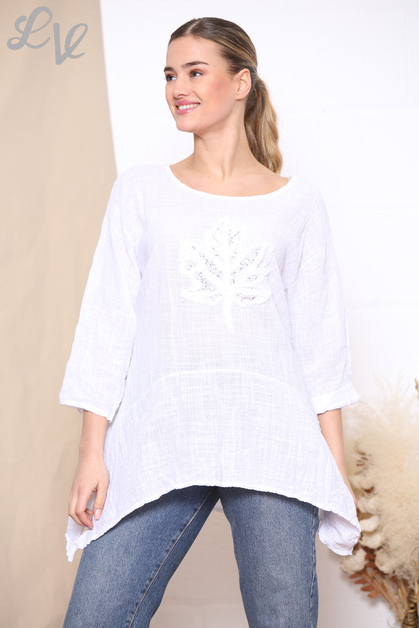 Ladies Sequin Ruffle Leaf Print Top White