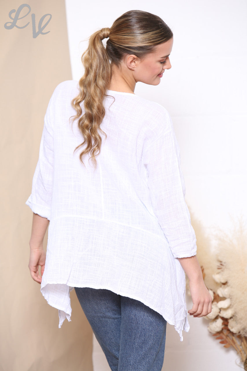 Ladies Sequin Ruffle Leaf Print Top White