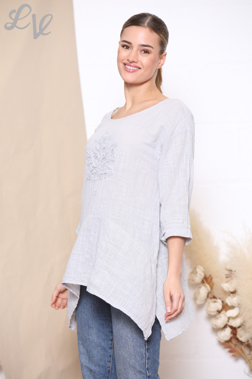 Ladies Sequin Ruffle Leaf Print Top Silver