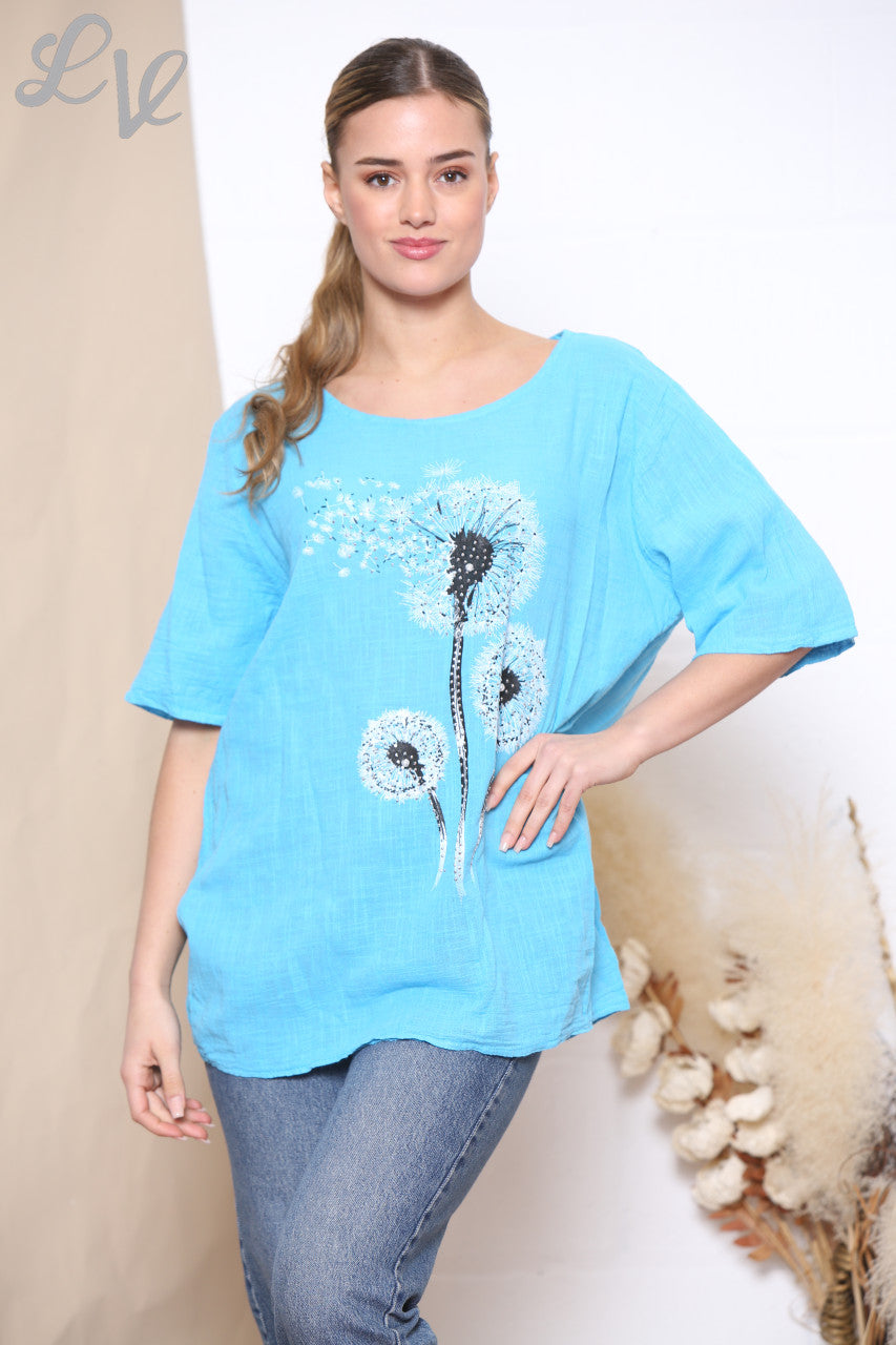 Ladies Dandelion Flower Top Turquoise