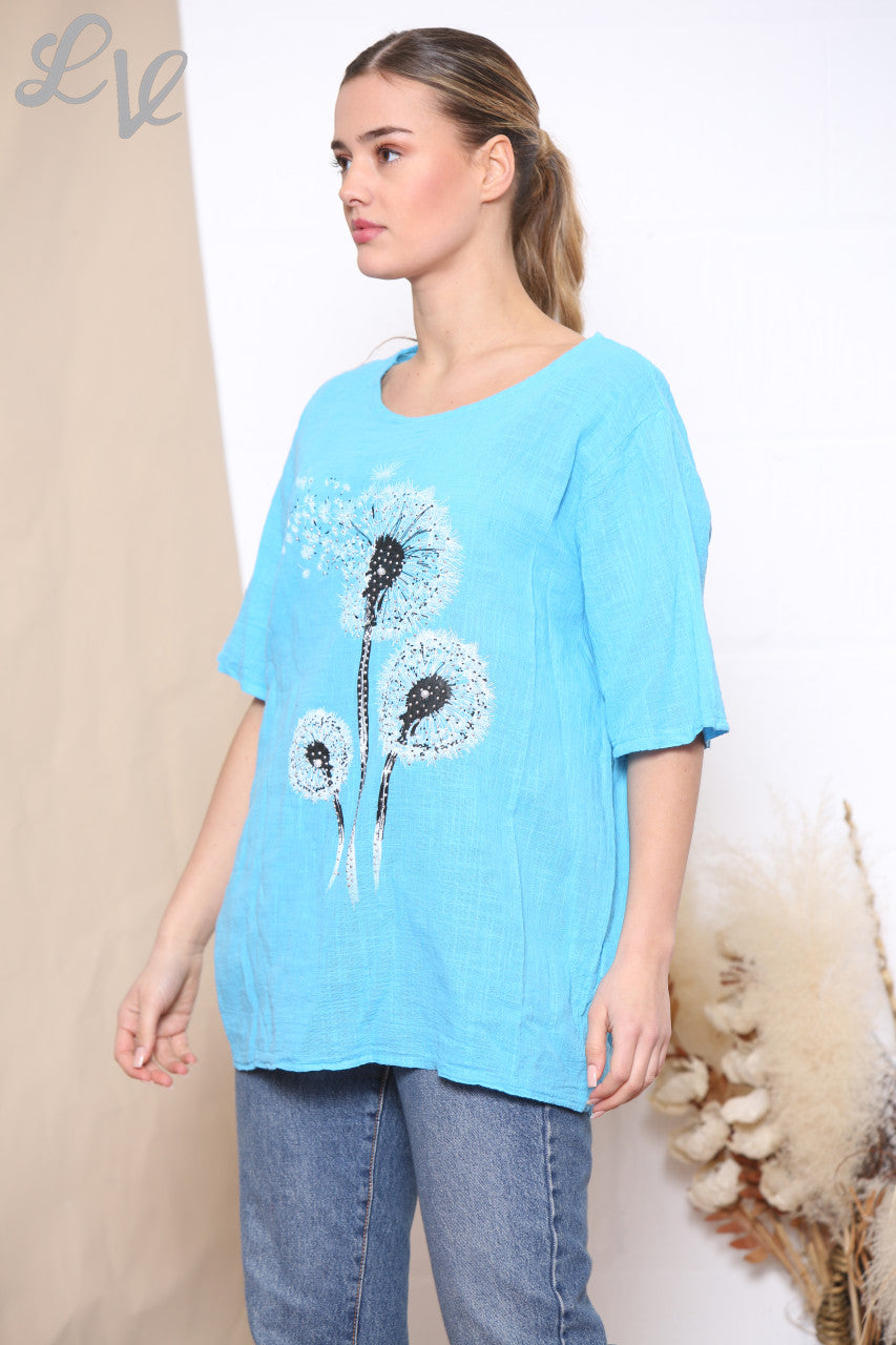 Ladies Dandelion Flower Top Turquoise
