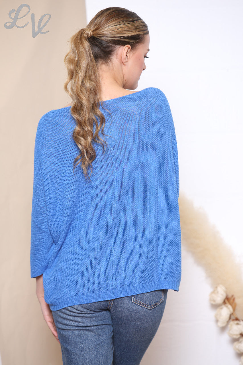 Ladies V-Neck Fine Gauge Knit Top Royal Blue