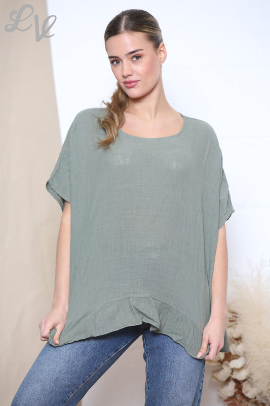 Ladies Frill Hem Top With Necklace Khaki