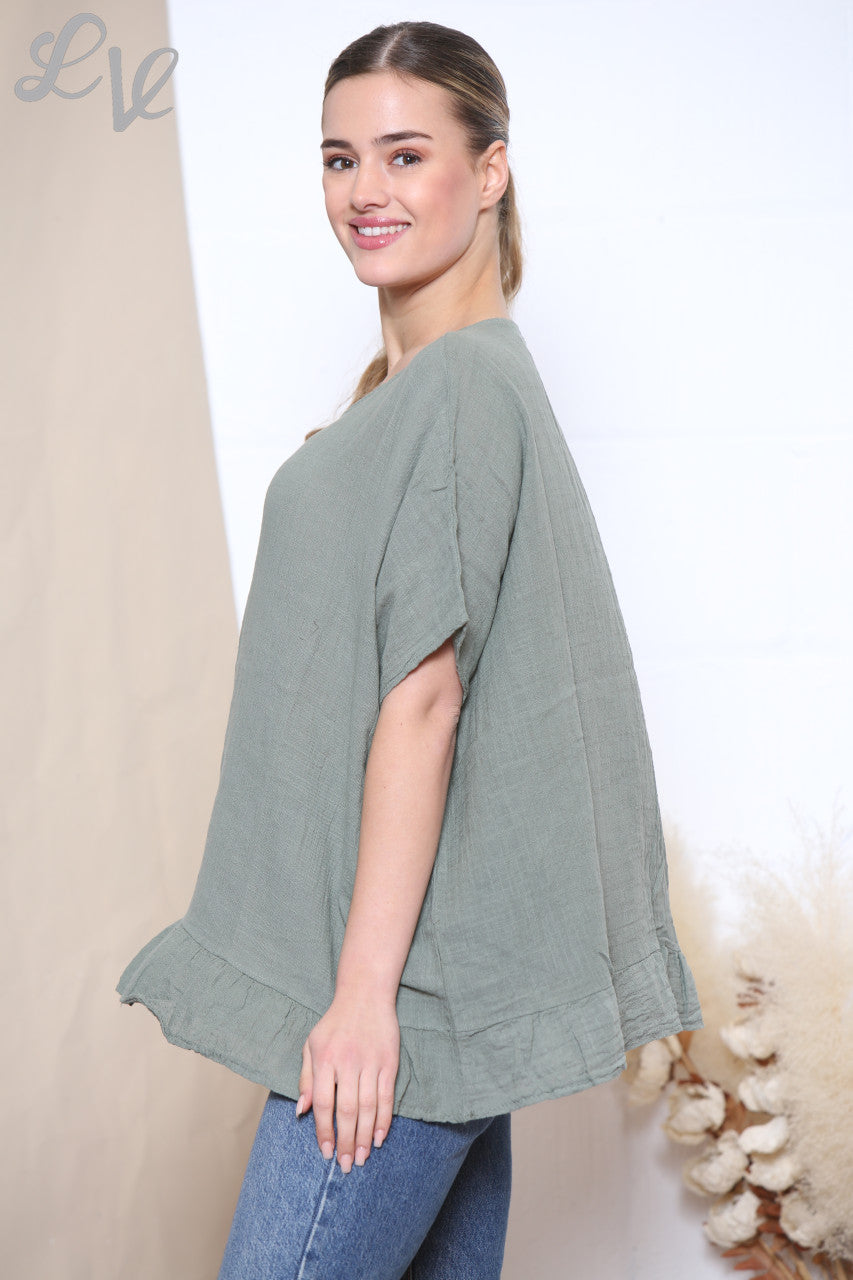 Ladies Frill Hem Top With Necklace Khaki