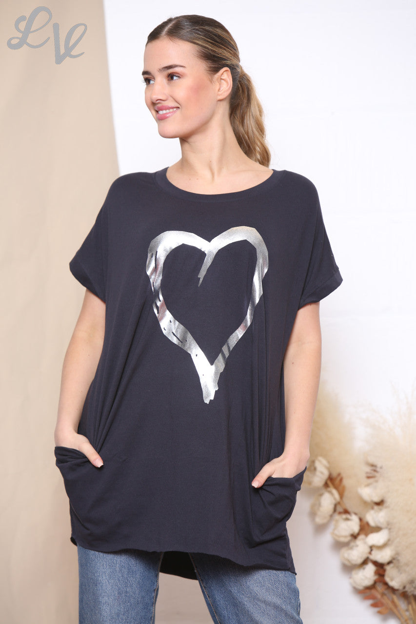 Ladies Foil Heart Top Navy