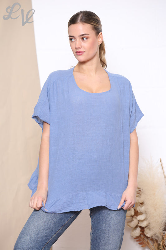 Ladies Plain Frill Hem Top Denim