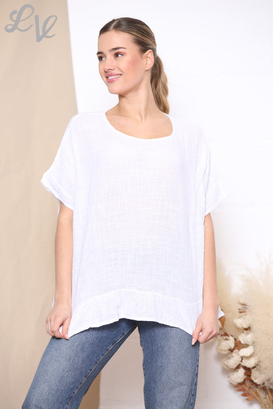 Ladies Frill Hem Top With Necklace White