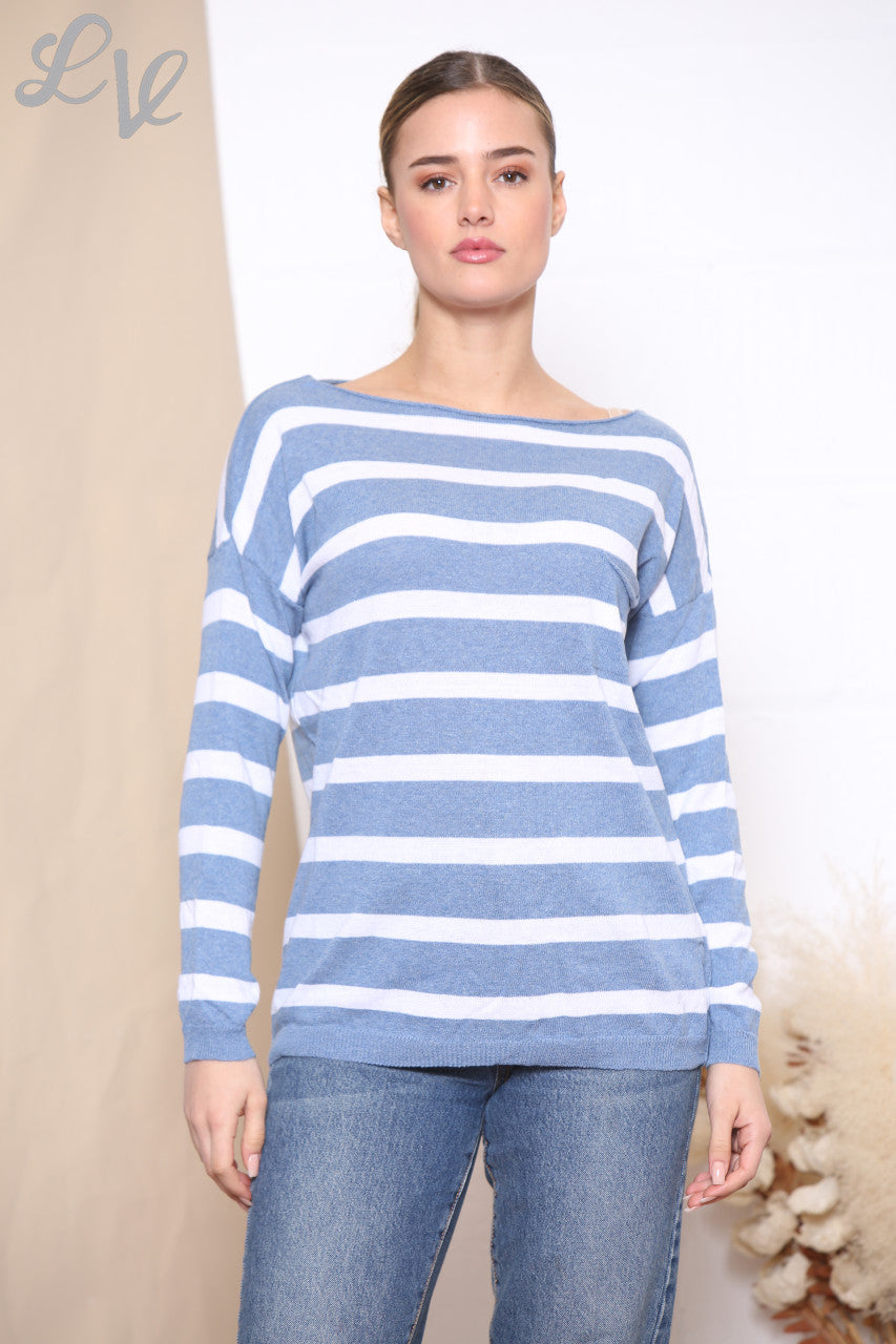 Ladies Soft Stripe Fine Knit Jumper Top Sky Blue