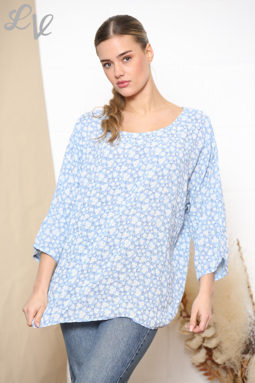 Dames top met bloemenprint blauw