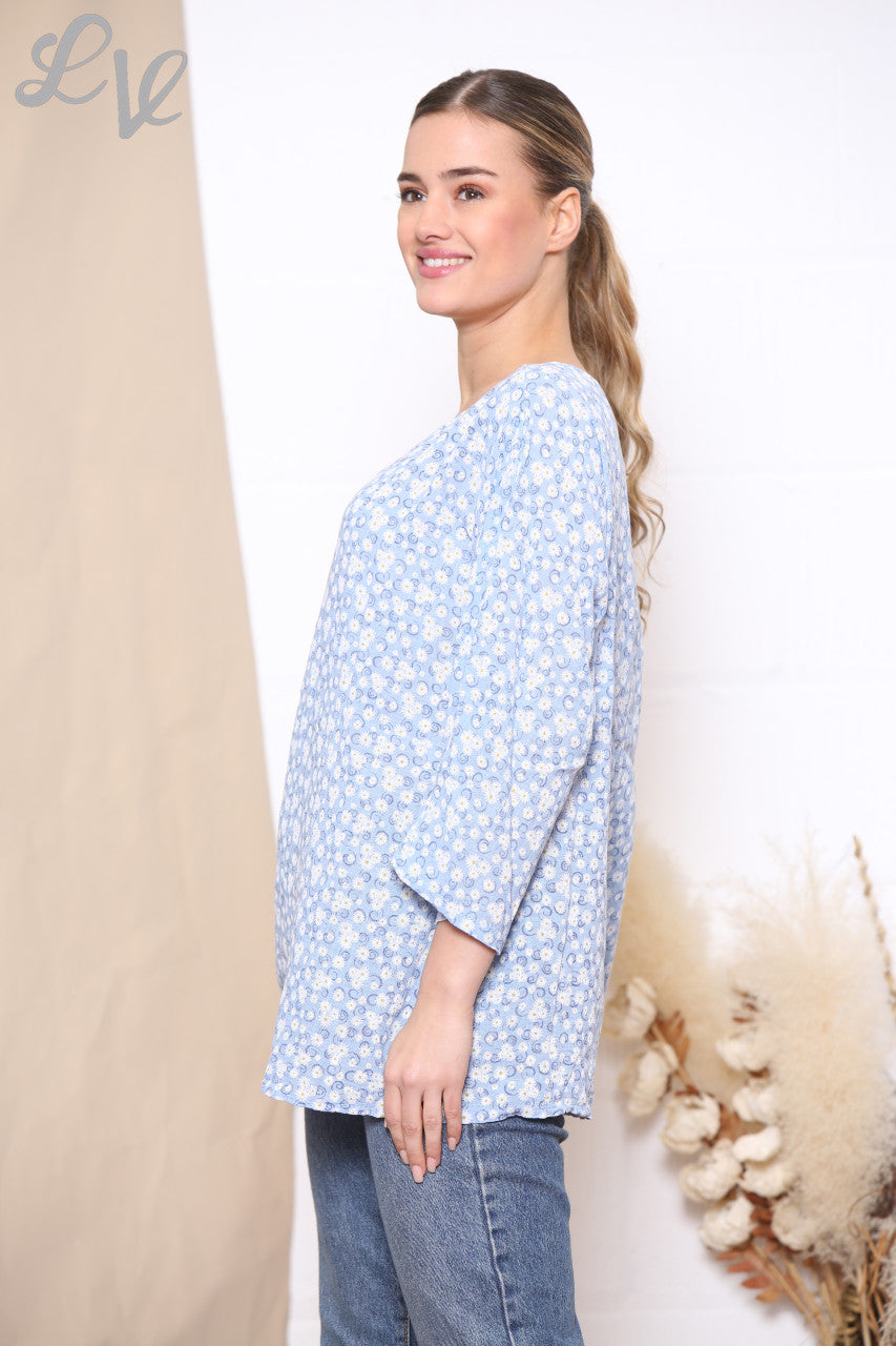 Dames top met bloemenprint blauw