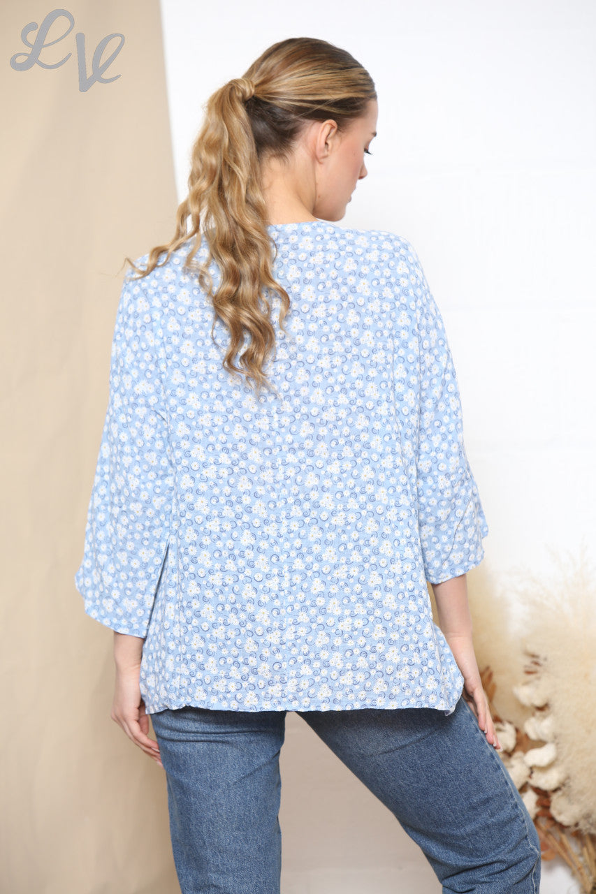 Dames top met bloemenprint blauw