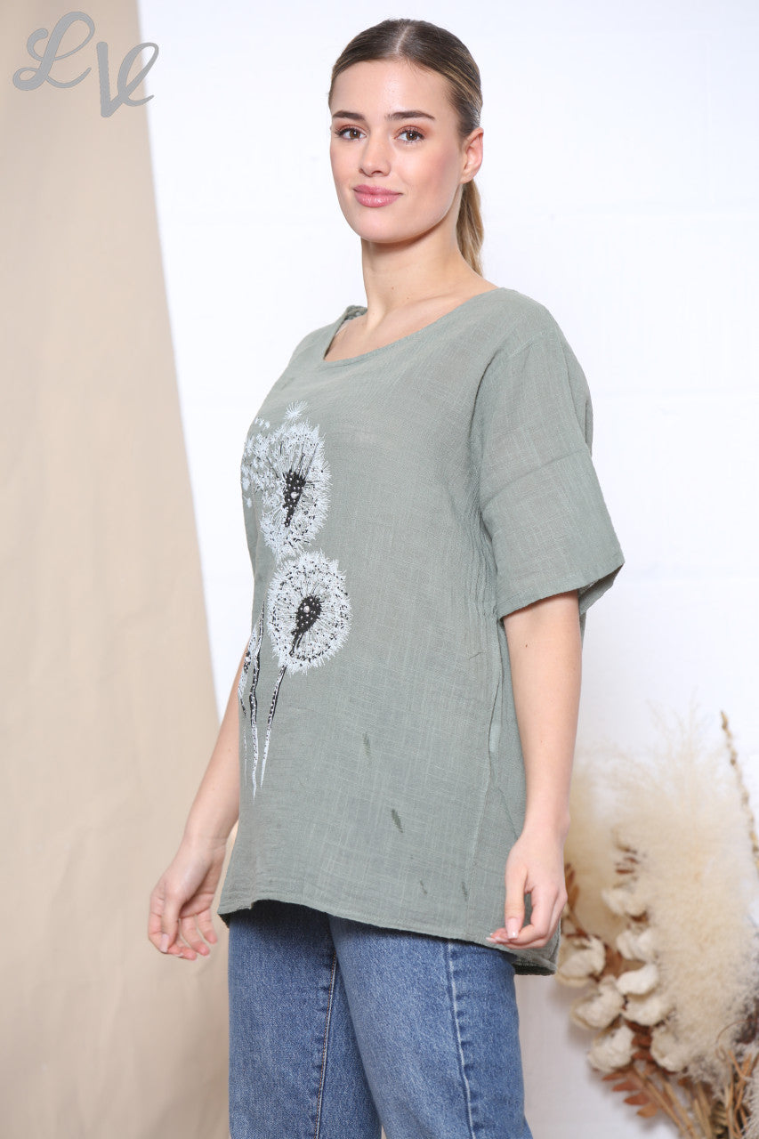 Dames paardebloem bloemen top kaki