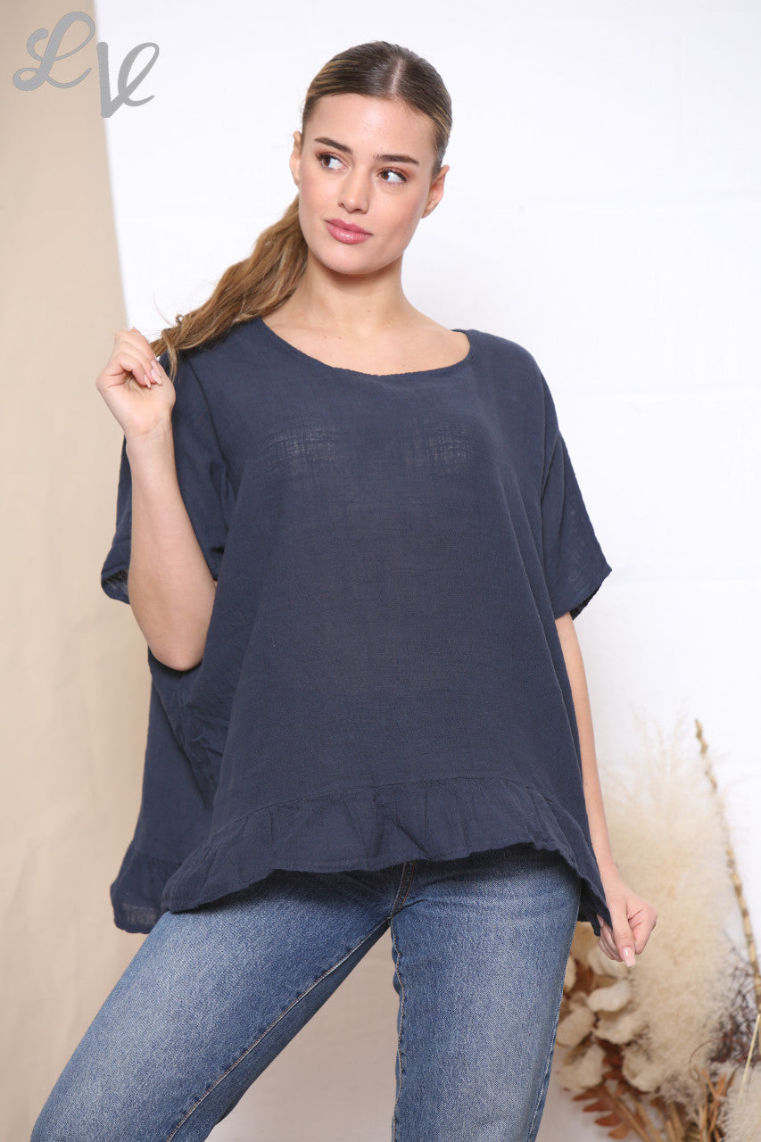 Ladies Plain Frill Hem Top Navy