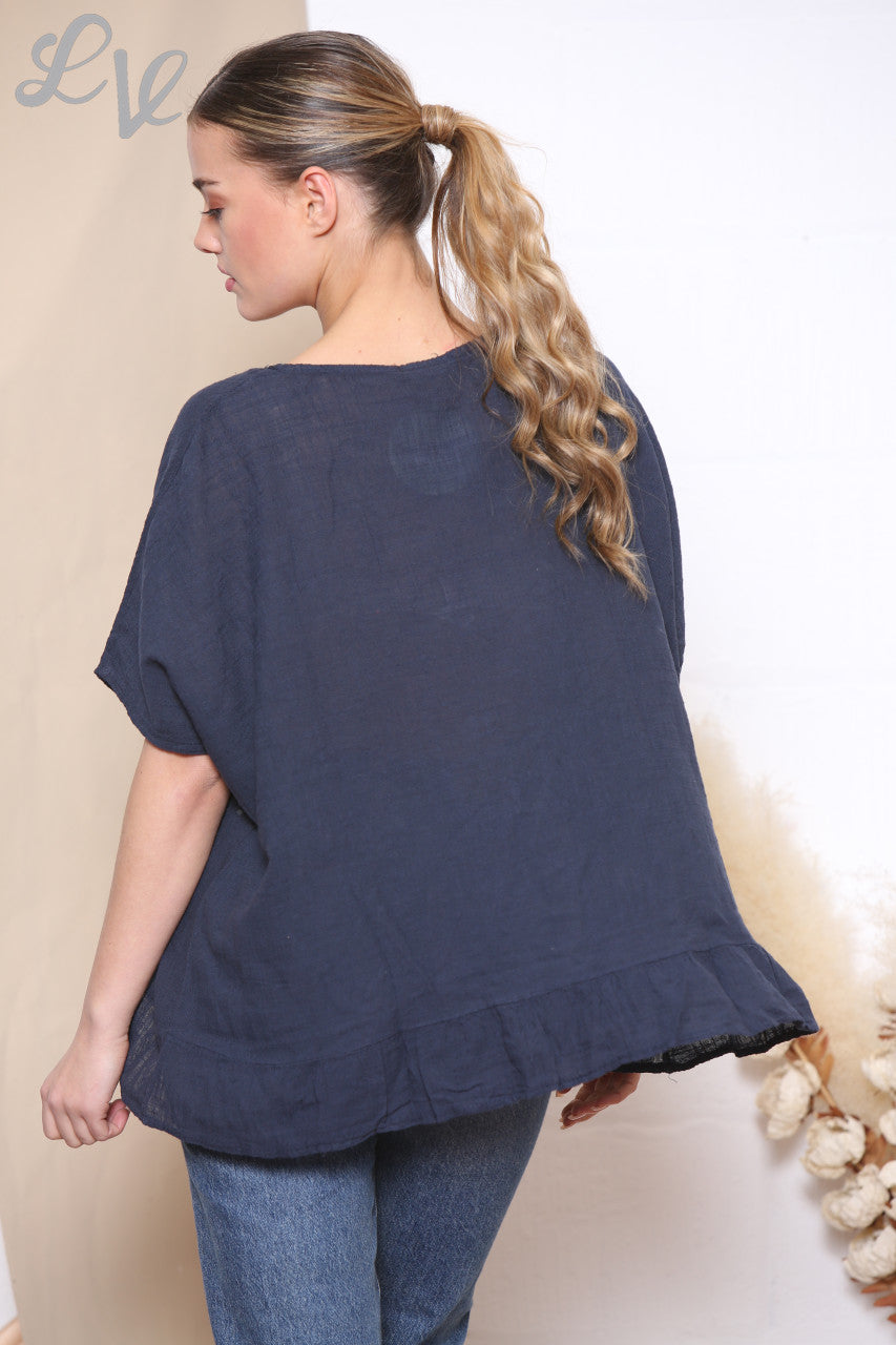 Ladies Plain Frill Hem Top Navy