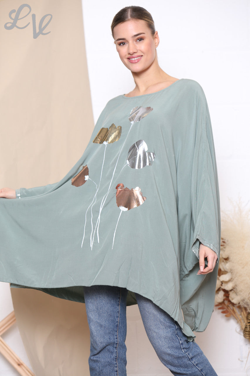 Ladies Foil Flowers Batwing Top Khaki