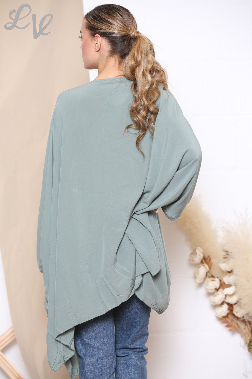 Ladies Foil Flowers Batwing Top Khaki