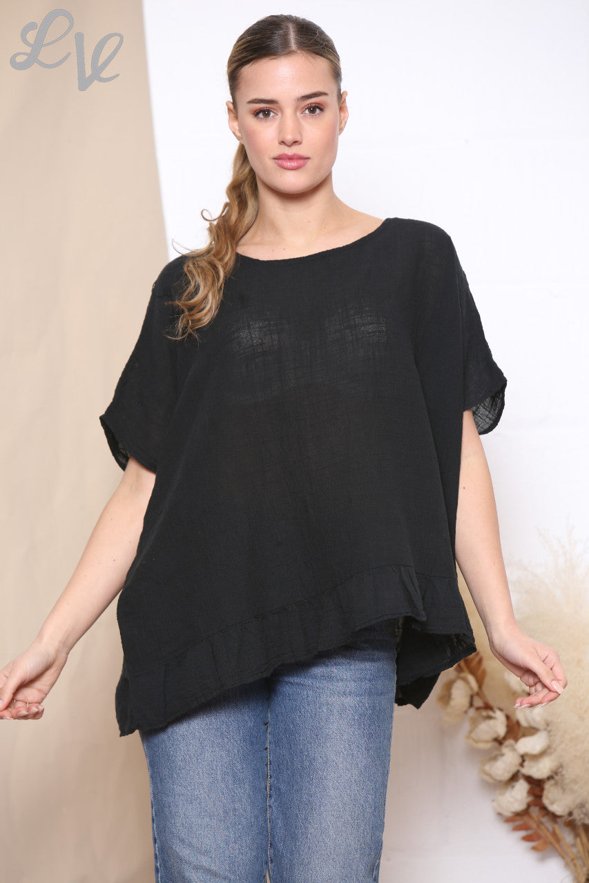 Ladies Frill Hem Top With Necklace Black