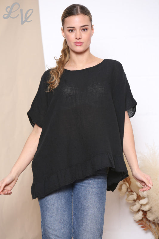 Ladies Frill Hem Top With Necklace Black