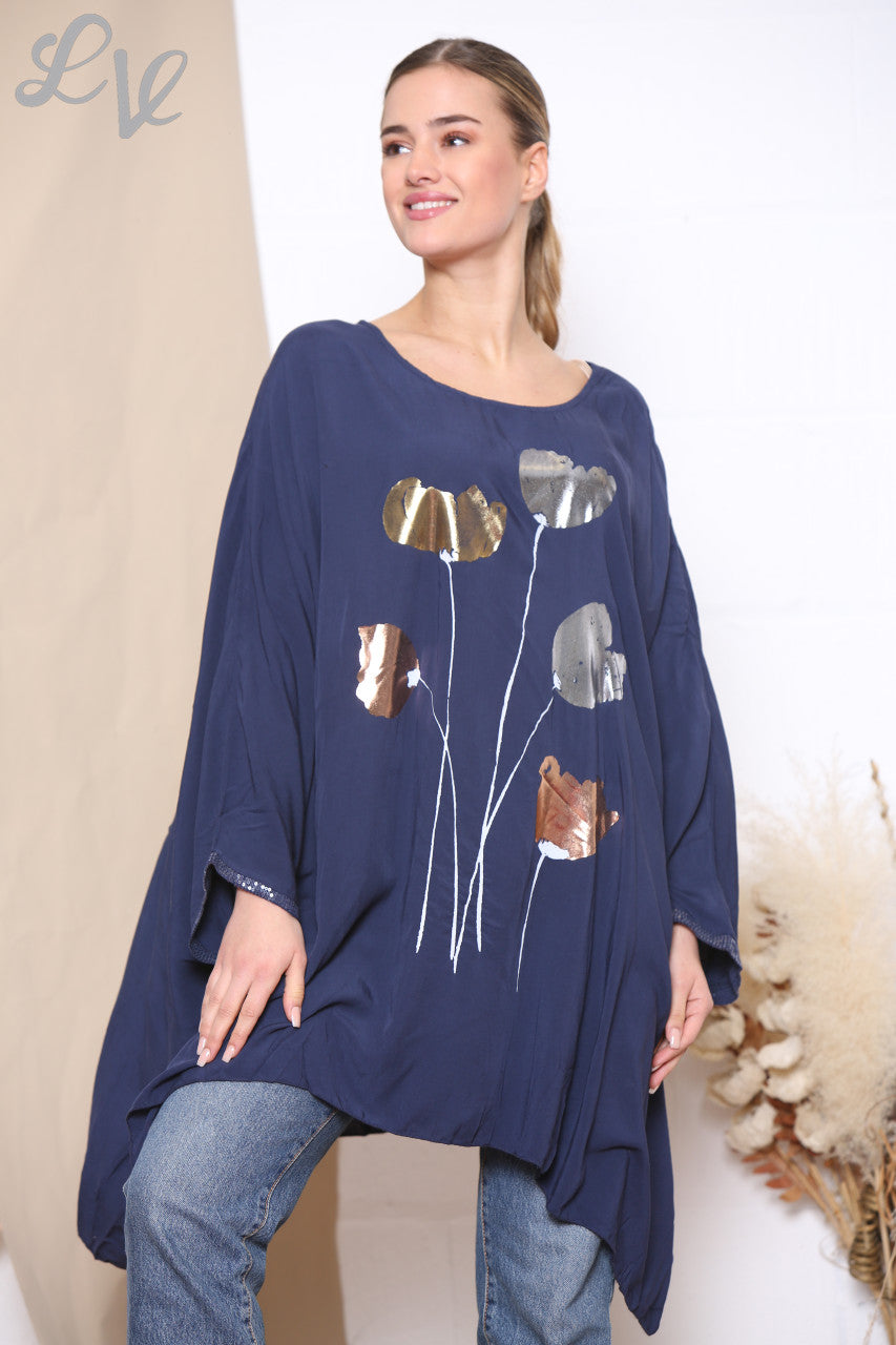 Dames Folie Bloemen Batwing Top Marineblauw